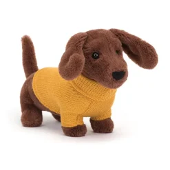 Peluche Chien Saucisse Sweater Jaune - H 14 Cm